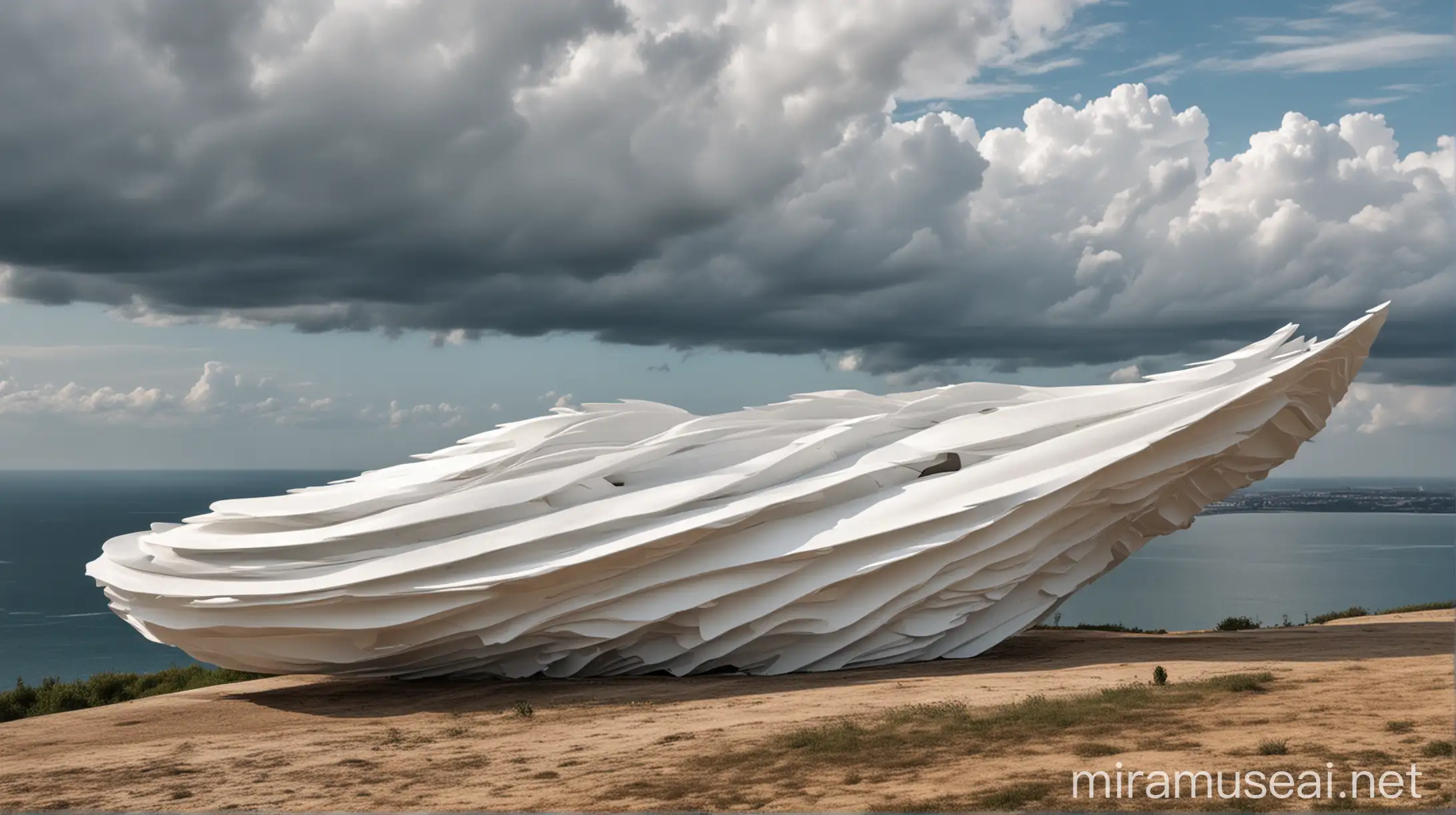 Большое белое облако - арт объект из металических линий в стиле Заха Хадид на холме на фоне моря