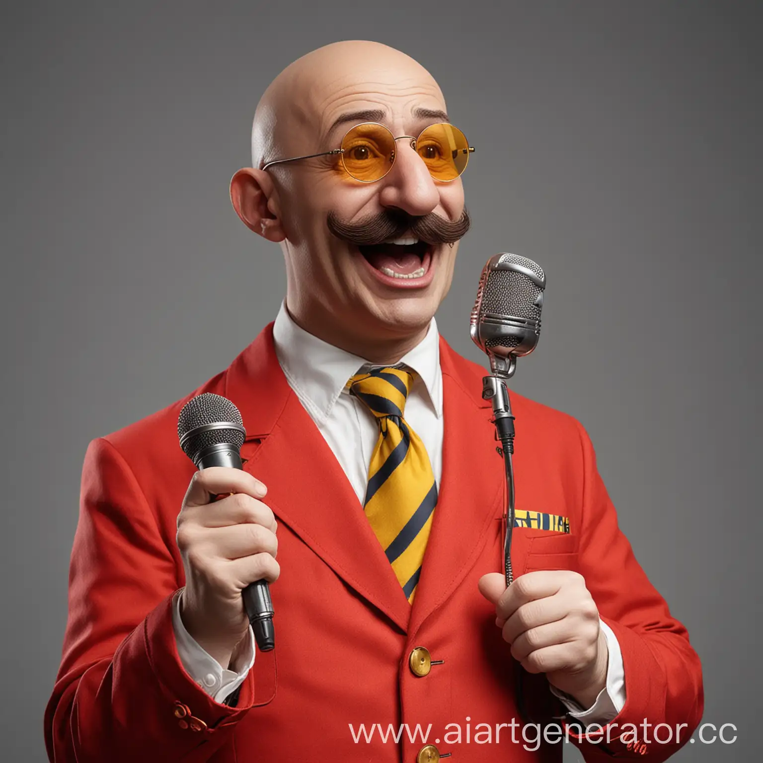 Лысый Доктор Эггман в красно-желтом костюме с огромными коричнивыми усами и в темно-синих очках поёт в микрофон "оооооооо да!"