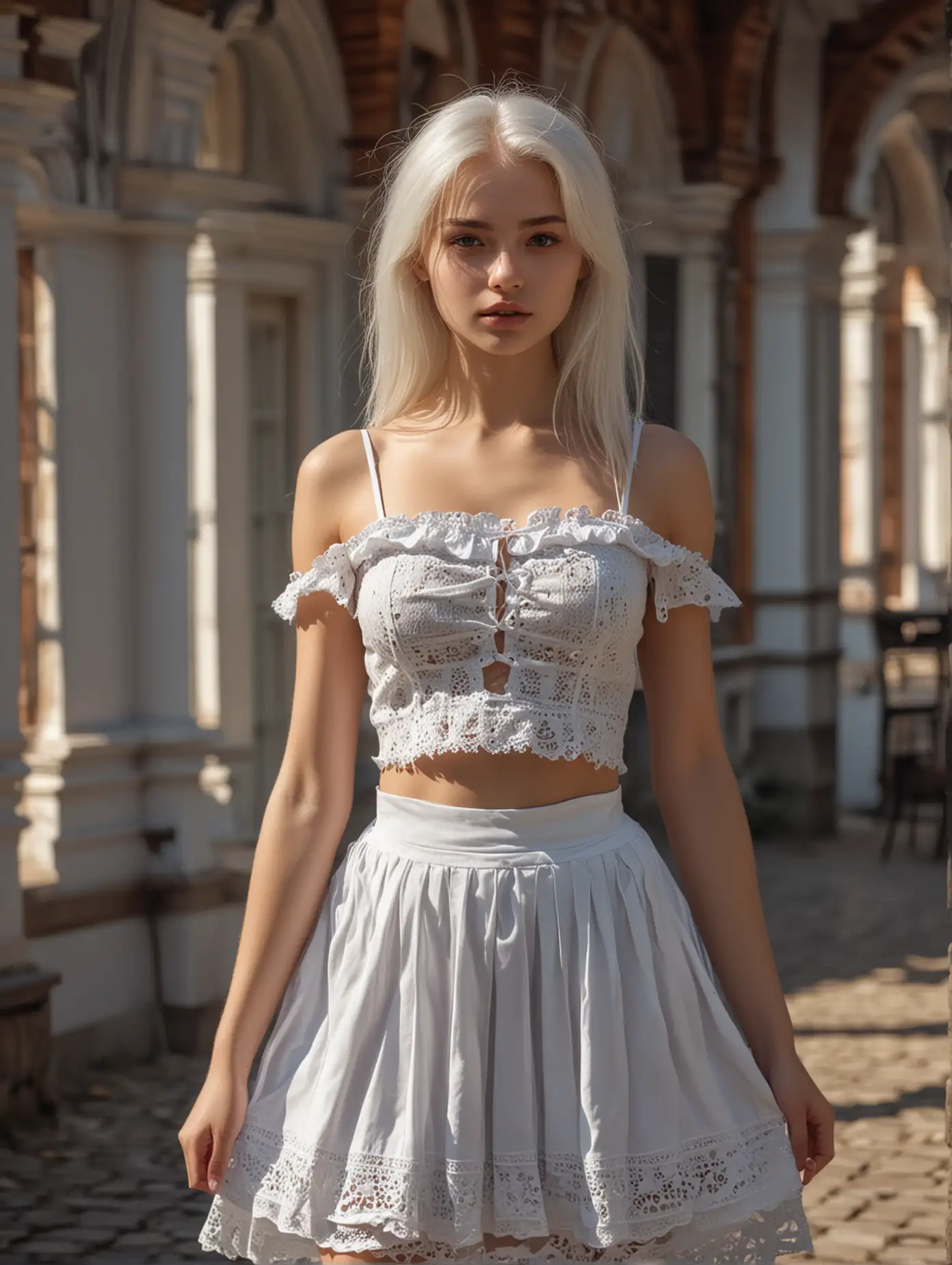 Photo of a beautiful 18 y.o. russian model, wide shot, detailed skin, perfect body, perfect tits, very detailed, 4K HQ, 8K HDR, High contrast, shadows, white hair, romantic theme, top and skirt, outdoor, full body view