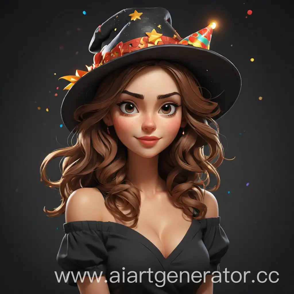 Cartoon-Beautiful-Woman-in-Festive-Birthday-Hat-on-Black-Background