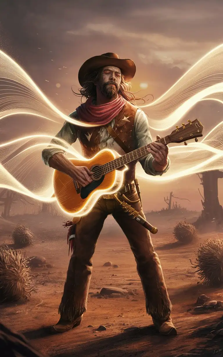 "The musical 8k cowboy known as 'Harmonica Havoc' strums his guitar, unleashing resonant riffs dealing damage and stunning enemies nearby. His presence boosts allies' speed and accuracy with 'Guitar Guru.' When chaos erupts, he launches a sonic blast to disorient foes. To restore balance, 'Cowboy's Chord' heals allies with a soothing melody. In lawless lands, Harmonica Havoc brings harmony through his mysterious musical powers."