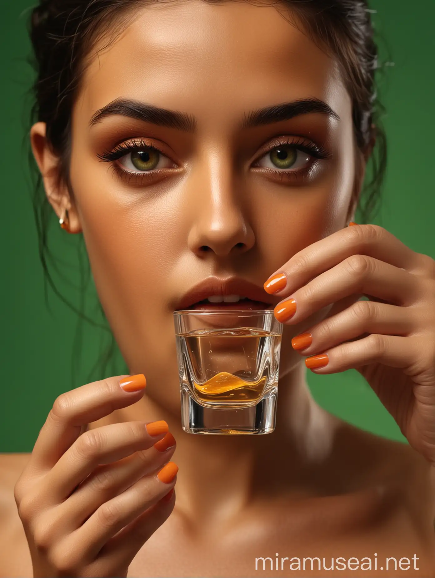 Cinematic Shot Tan Womans Hand Holding Spilling Tequila on Green Background