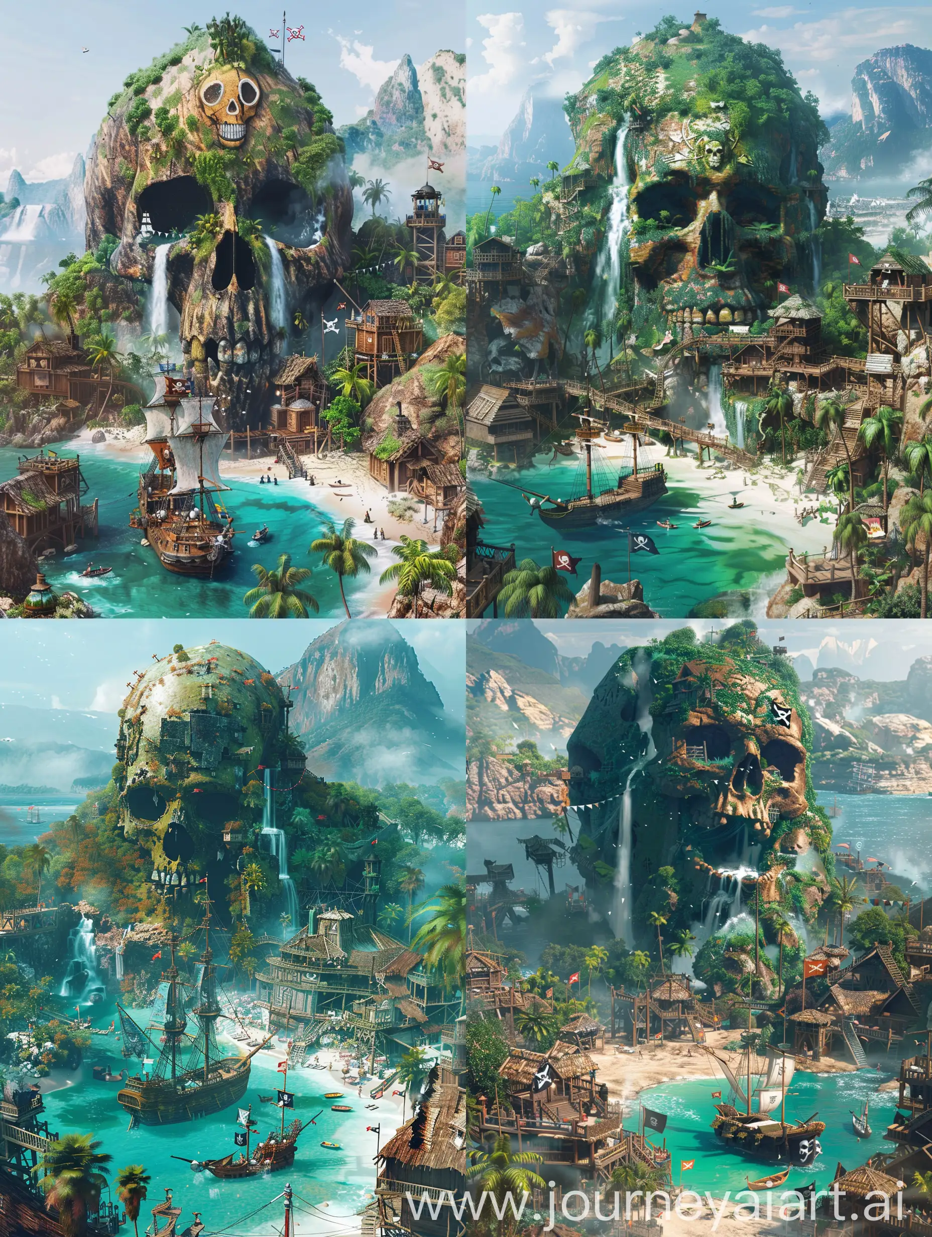 a digital art a pirate-themed island. It's captured from an elevated perspective which gives a comprehensive view of the entire scene. At the center, there's a large skull-shaped mountain with greenery and waterfalls.A pirate ship is anchored near the shore, with its sails unfurled, surrounded by smaller boats.The island features wooden structures, including houses and lookout towers.There are palm trees, sandy beaches, and clear blue waters that contribute to the tropical atmosphere.In the background,distant mountains covered in mist add depth to the landscape.Pirate flags are visible, indicating the theme of the location.The angle of the shot provides a bird's-eye view of the island, allowing to see all these details vividly.