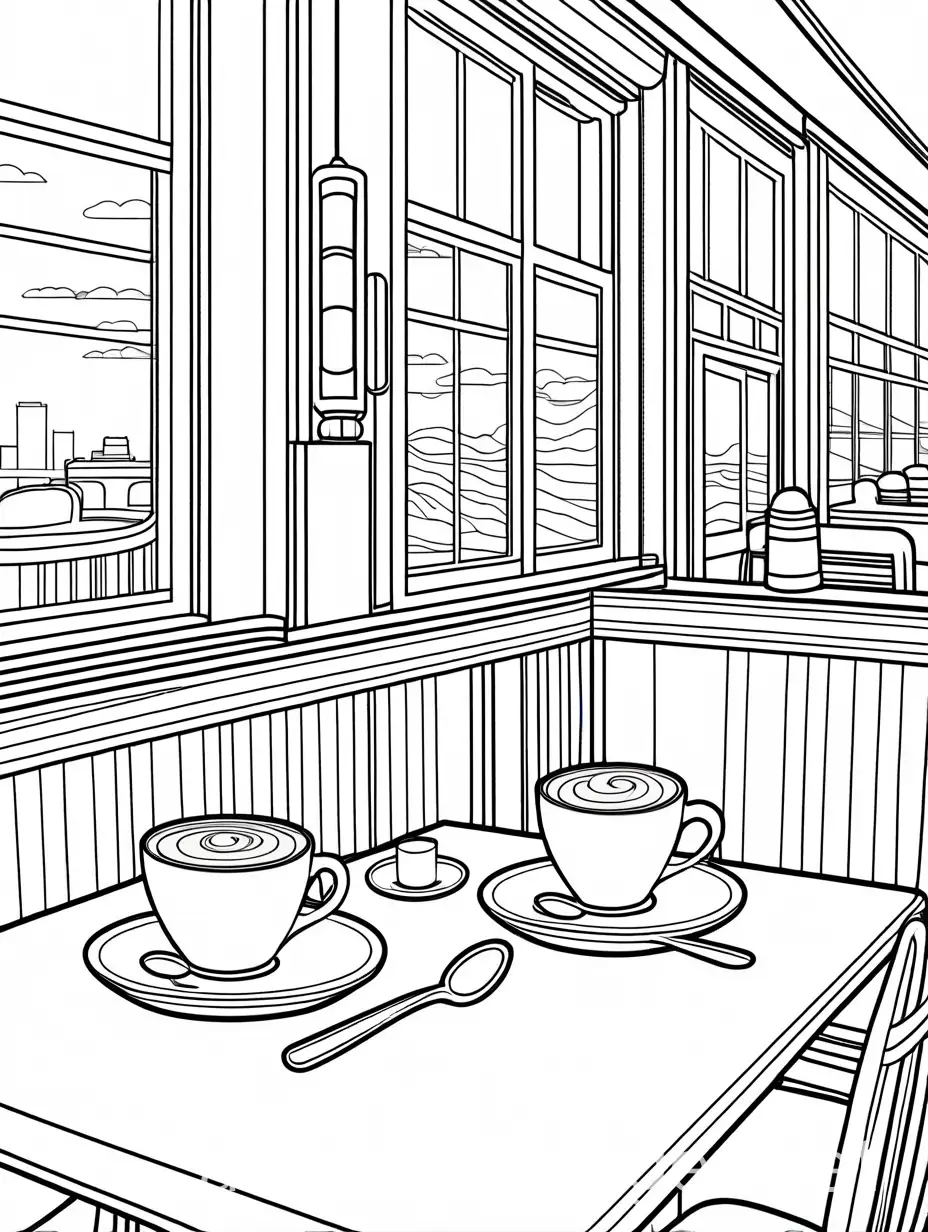 DINER  COFFEE, Coloring Page, black and white, line art, white background, Simplicity, Ample White Space. The background of the coloring page is plain white to make it easy for young children to color within the lines. The outlines of all the subjects are easy to distinguish, making it simple for kids to color without too much difficulty