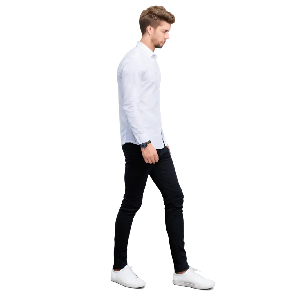 a young man standing tall, wearing a white shirt, black jeans, and white shoes, realistic photo, seen from feet to head from the front wiew