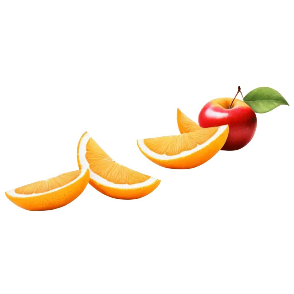 orange and apple slices, side view, realistic