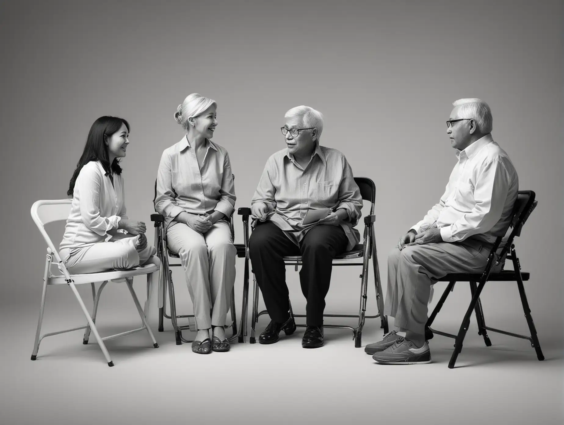 realistic black and white image of adults brainstorming around sitting in folding chairs in 2024 one white married couple one black adult 30 year old male two elderly people, one attractive Asian woman and one obese Hispanic woman
