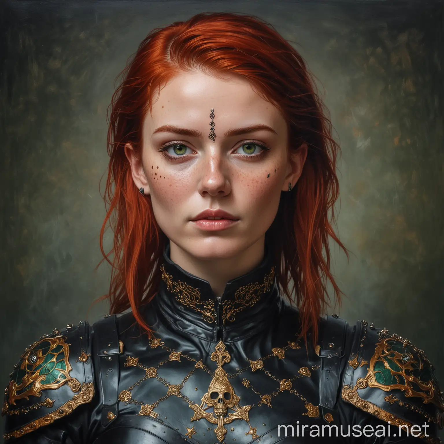 Eleanor, portrait de 3/4, oil paint, une jeune femme d'une grande beauté, vêtue d'une armure de cuir noir, aux traits délicats, aux cheveux mi-longs roux flamboyants et aux yeux vert émeraude parsemés de quelques taches de rousseur, un tatouage dorée géométrique en forme de tête de mort sur le visage