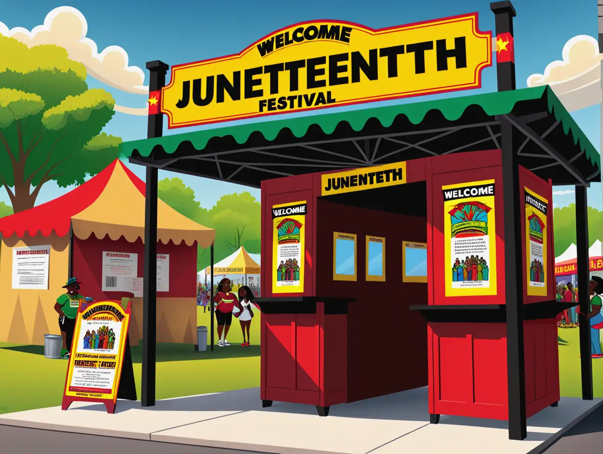 cartoon outside Juneteenth festival with entrance welcome sign and ticket booth, red yellow green and black colors bright sunny sky