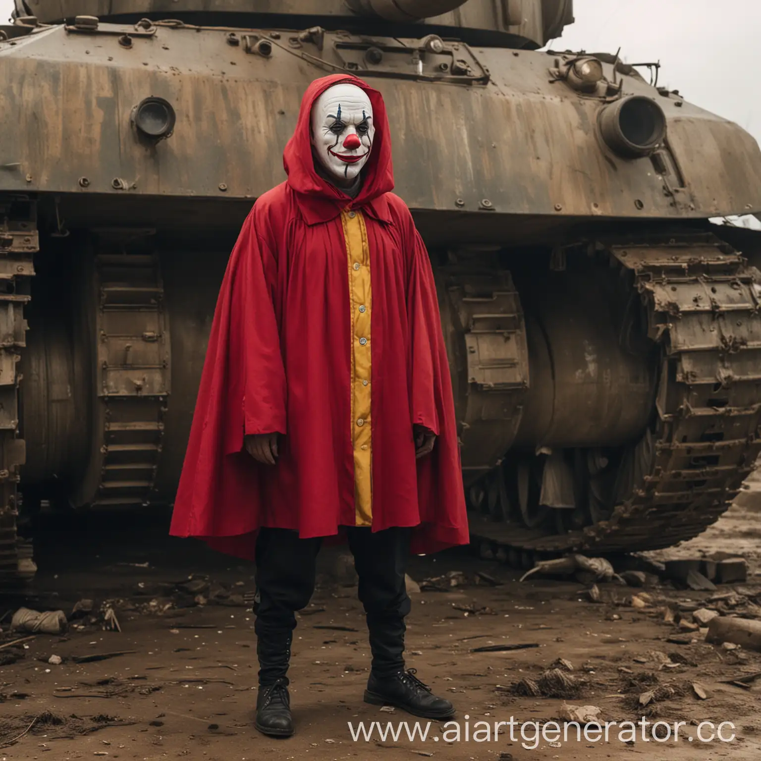 мужчина в красном плаще и маске клоуна стоит под танком