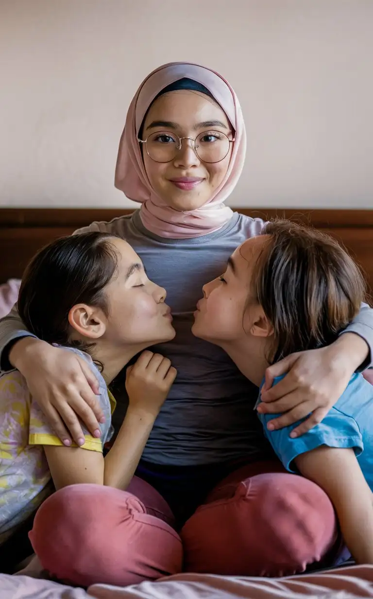 A most beautiful teenage girl.  17 years old. She wears a hijab, skinny shirt,
She is beautiful. They sits on the bed.
petite, plump lips.  Elegant, pretty, thick eyebrows, soft eyes, bony face, top view, glasses. 2 other girls kissing in front of girl. She hugs the girls.