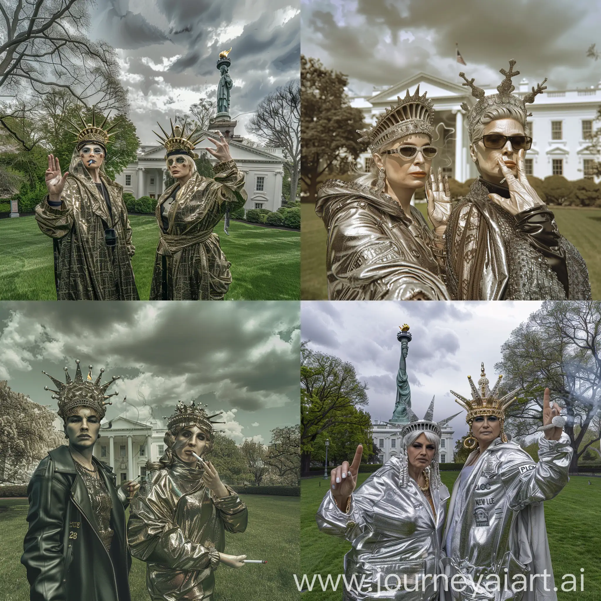 birdview, 8k,ultradetailed,Two New York police arrested realook Madonna Ciccone with same as same of the Statue of Liberty suit,robe,  who has a 28 year old Madonna Ciccone real face ,she wear the Statue of Liberty crown, whitehouse, lawn, realhandfingers,smoking around ,laterspring, cloudy,