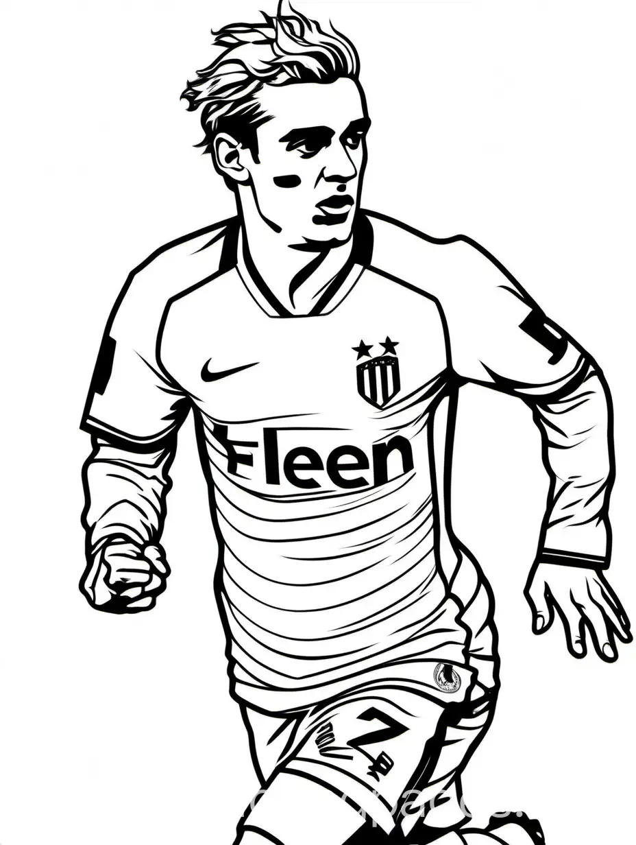 Antoine Griezmann football, Coloring Page, black and white, line art, white background, Simplicity, Ample White Space. The background of the coloring page is plain white to make it easy for young children to color within the lines. The outlines of all the subjects are easy to distinguish, making it simple for kids to color without too much difficulty