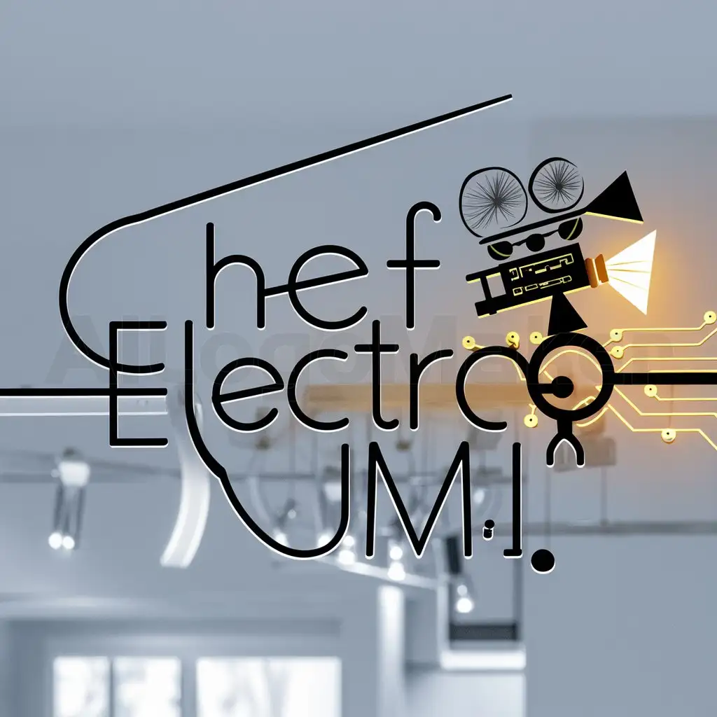 a logo design,with the text "Chef electro, UM1", main symbol:drawing, film shooting, light projector, electricity,Moderate,clear background