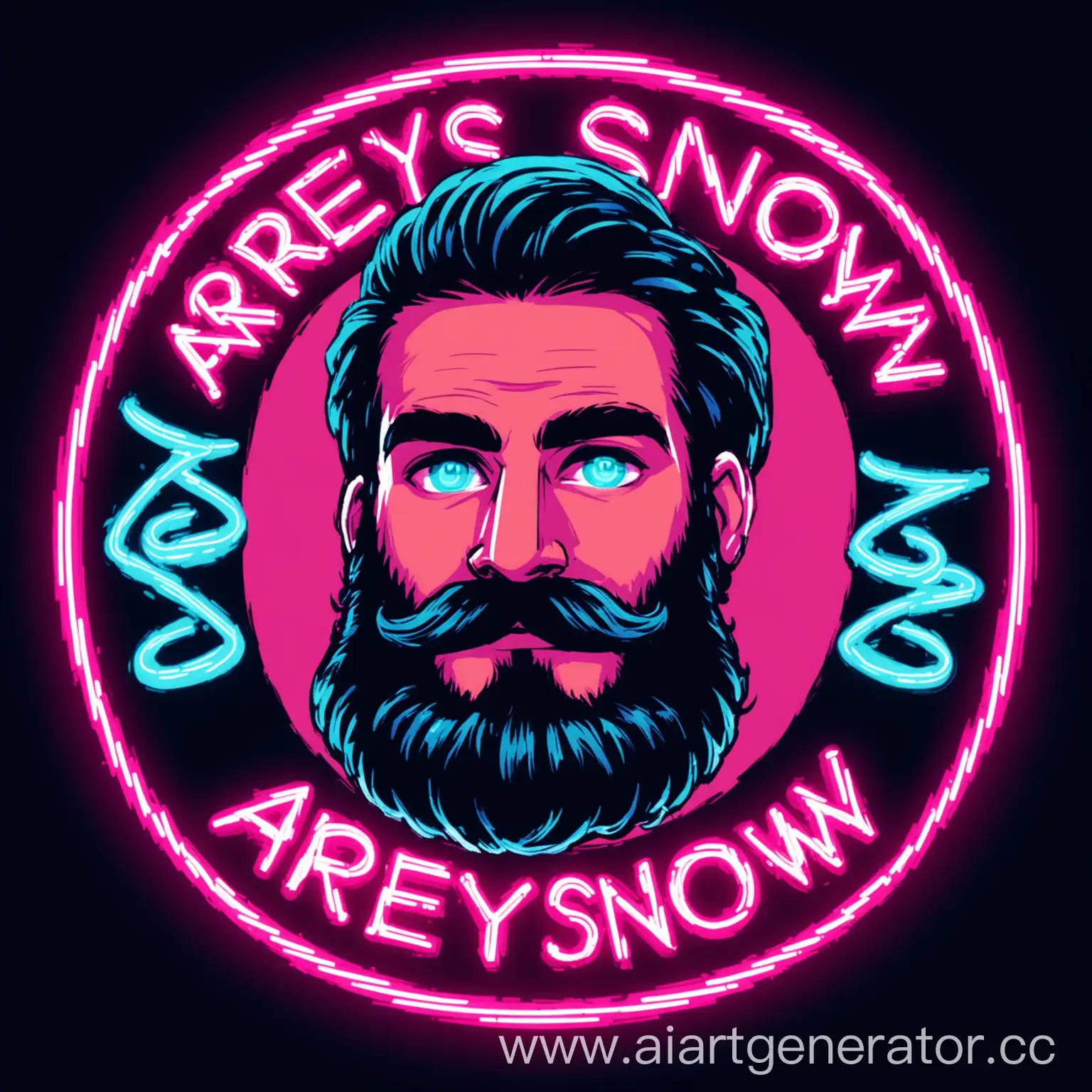Круглый логотип, лицо молодого бородатого мужчины с закрученными усами, в неоне, надпись "AreySnow" снизу