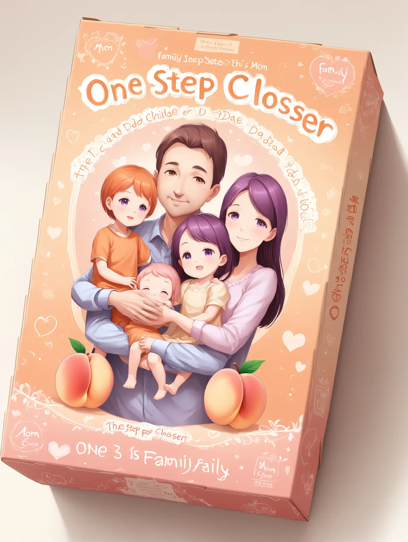 Create an actual front side of the box packaging, for the game "One step closer", the box is made in delicate pink, peach, purple, orange, beige, white tones, the front part depicts a family of three, mom, dad, child, the whole family hugging