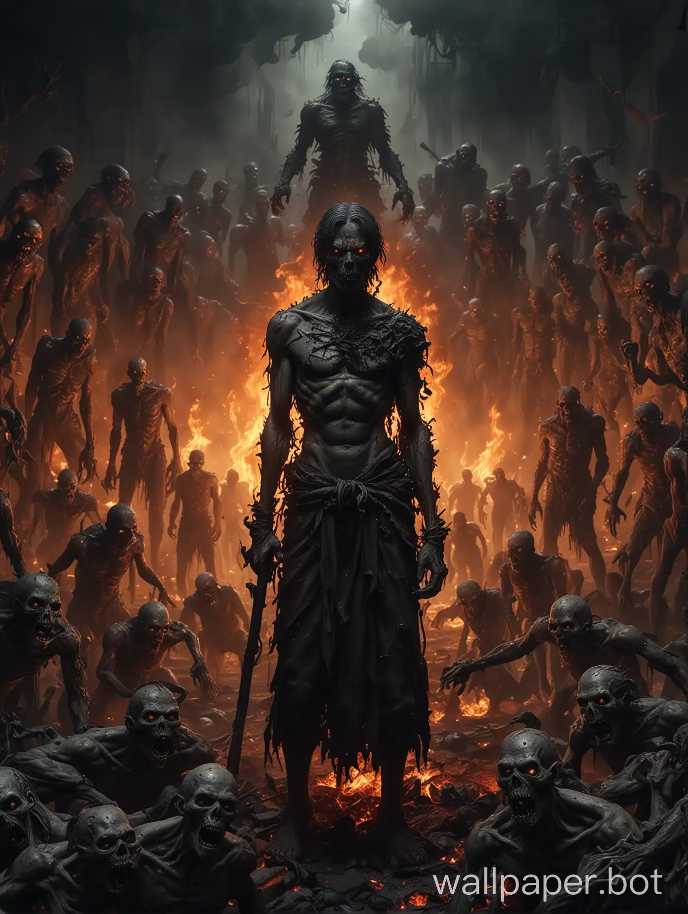 a close up of a person standing in a fire with a bunch of zombies, hell scape, dark fantasy horror art, infernal art in good quality, in hell, standing in hell, ominous figure in the background, dark concept art, this is hell, hyperrealistic hell, horror concept art, satan in hell, king of hell, the god hades