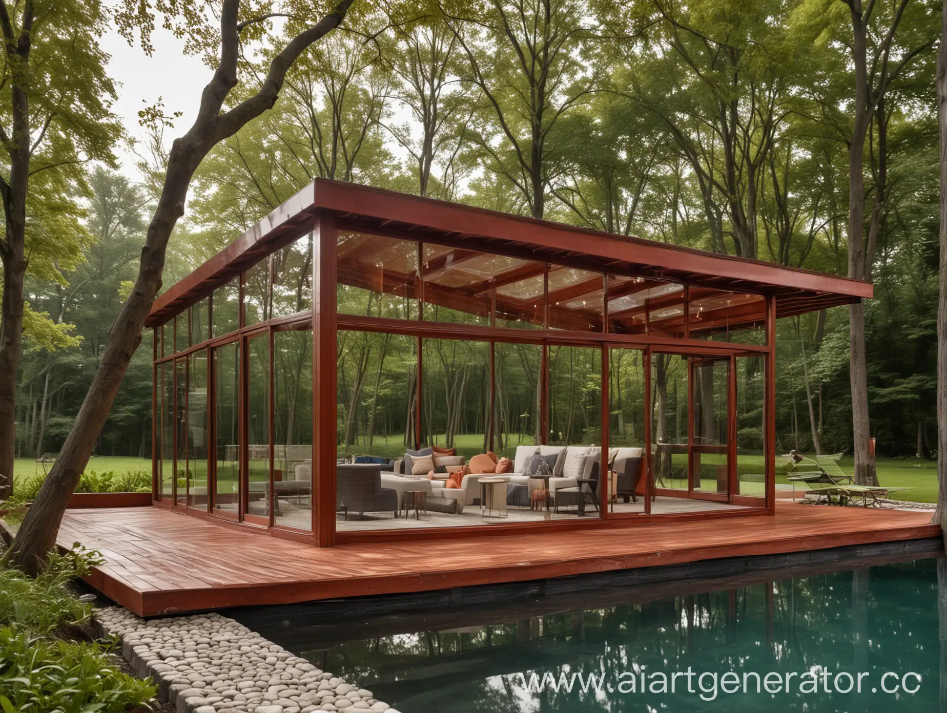 Cozy-GlassEnclosed-Pavilion-with-Red-Wood-Walls-and-Pool