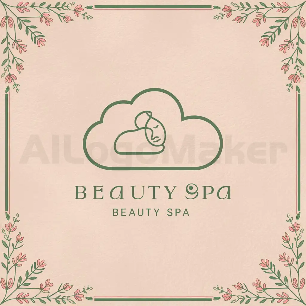 a logo design,with the text 'dreamland', main symbol:Main Symbol: The logo features a cloud shape symbolizing a pillow, created with a single line drawing. Inside the cloud, there's a thin line illustration of a head and face of a person lying on a pillow. Colors: The primary colors used are green and pink, giving a spring vibe. Additional Elements: Around the border of the cloud, there are branches, leaves, and flowers enhancing the spring theme.,Minimalistic,be used in Beauty Spa industry,clear background