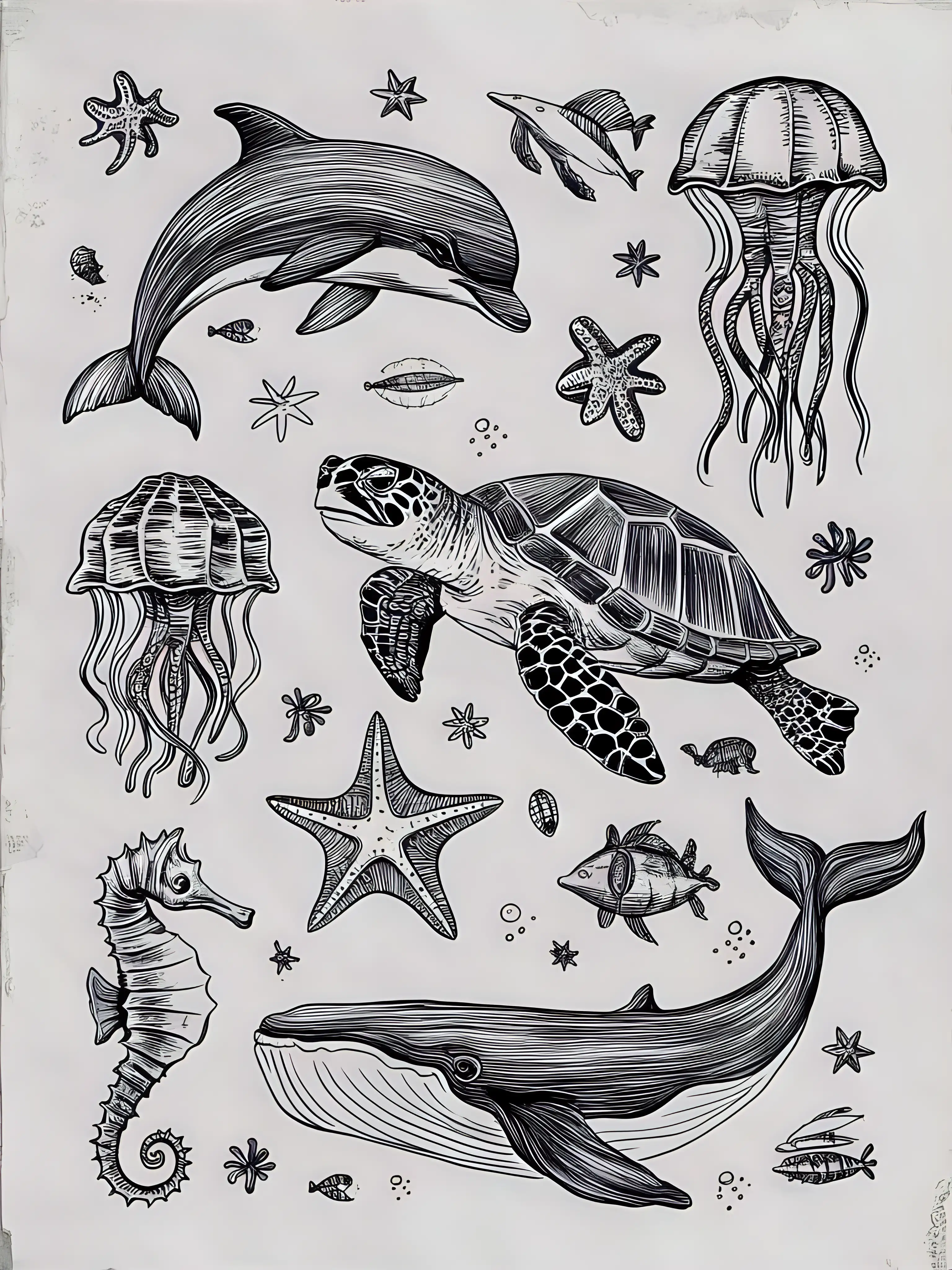Vintage HandDrawn Collage of Various Sea Animals on White Background
