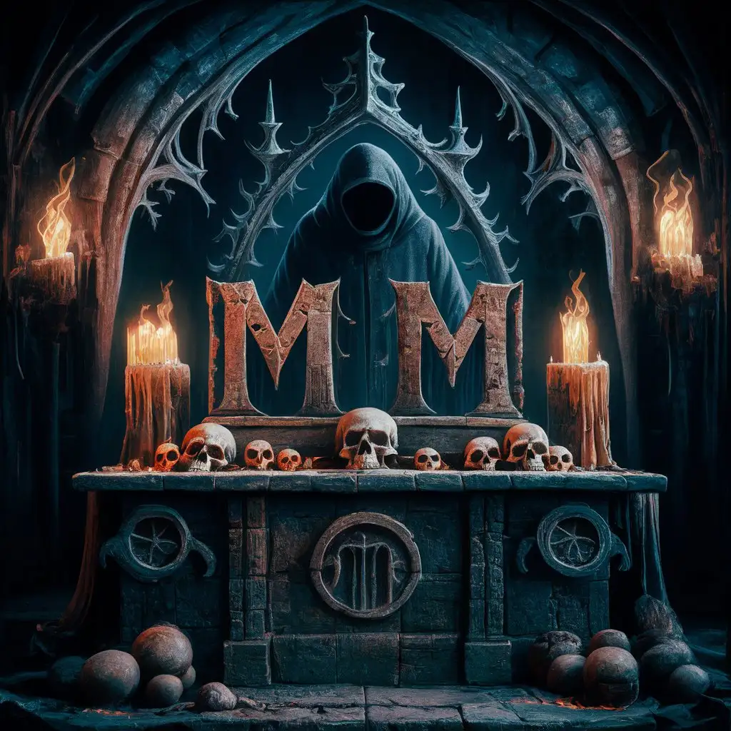 Dark medieval altar with two letters M