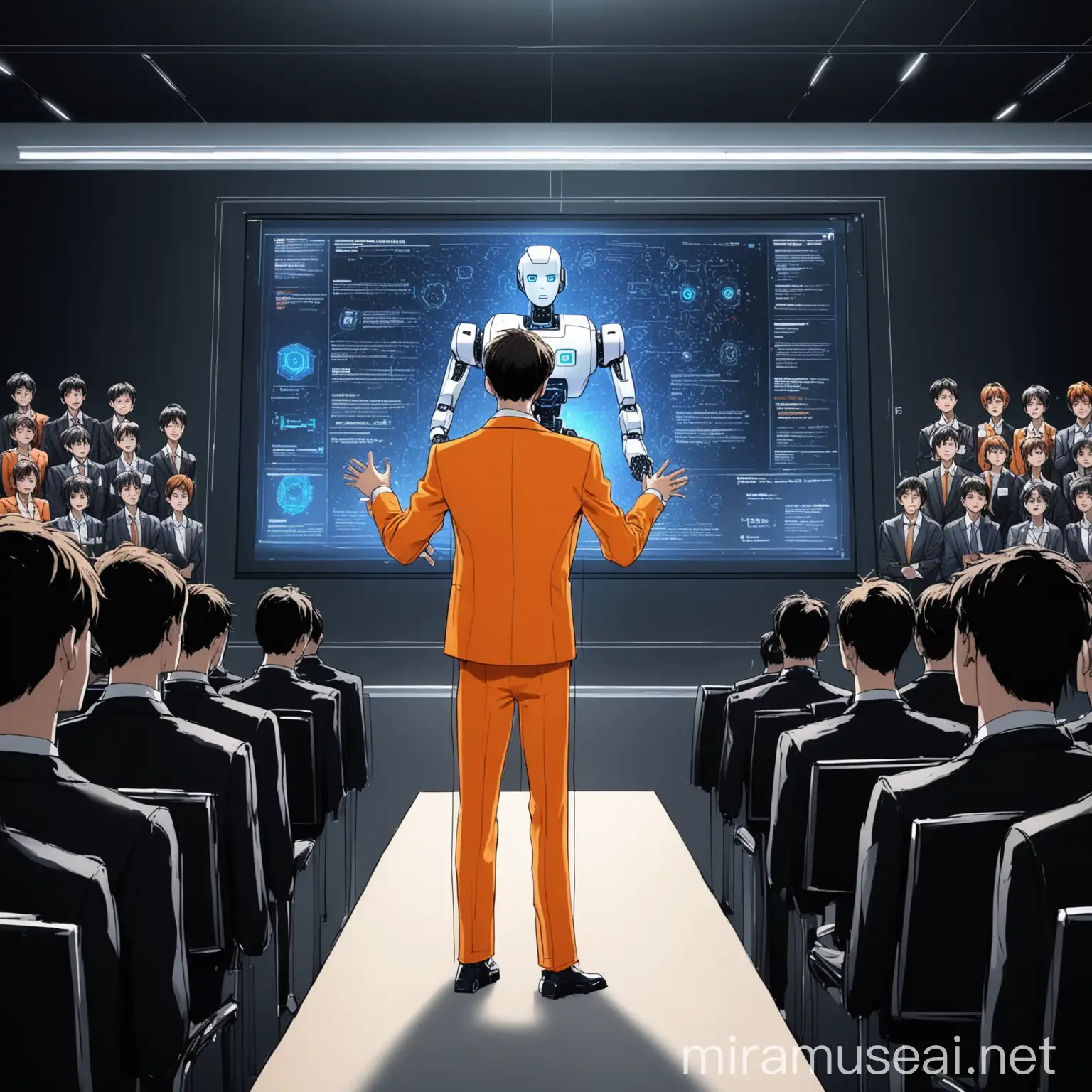 The background is the conference room.
There is an artificial intelligence robot on the beam screen.
A handsome 20-year-old man wearing an orange suit gives a speech.
The audience in the black suit is concentrating.