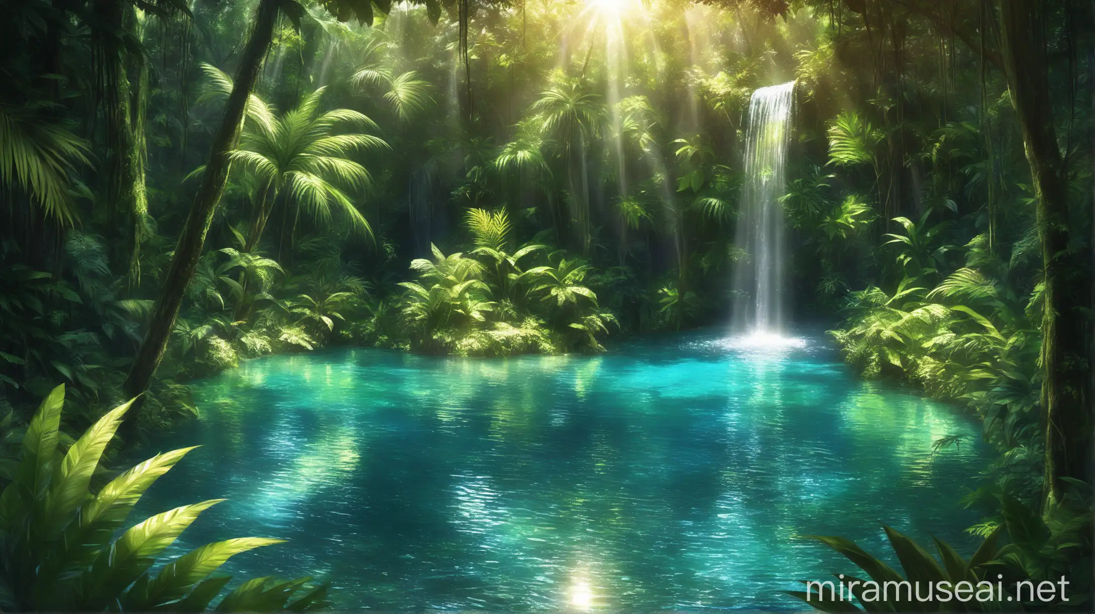 A serene tropical waterfall cascading into a crystal-clear turquoise pool, surrounded by lush, verdant greenery in Guadeloupe. The setting is a secluded, tranquil spot deep within a vibrant rainforest. Sunlight filters through the dense canopy above, casting dappled light onto the water and the surrounding foliage. The atmosphere should evoke a sense of peaceful solitude and natural beauty, highlighting the pristine and untouched environment. The image should capture the vivid colors and intricate details of the foliage and water, creating a realistic yet enchanting scene.