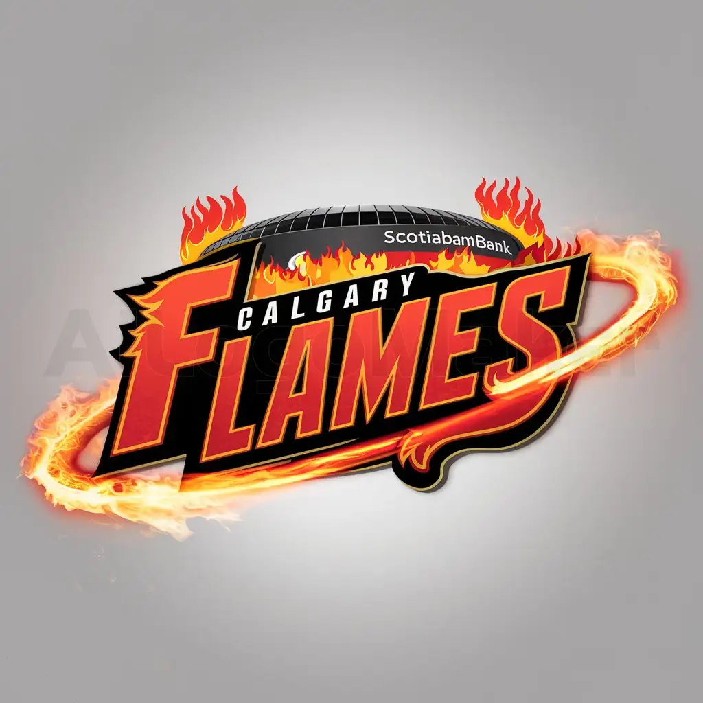 LOGO-Design-For-Calgary-Flames-Wordmark-in-FireLike-Font-with-Scotiabank-Saddledome-and-Ring-of-Fire