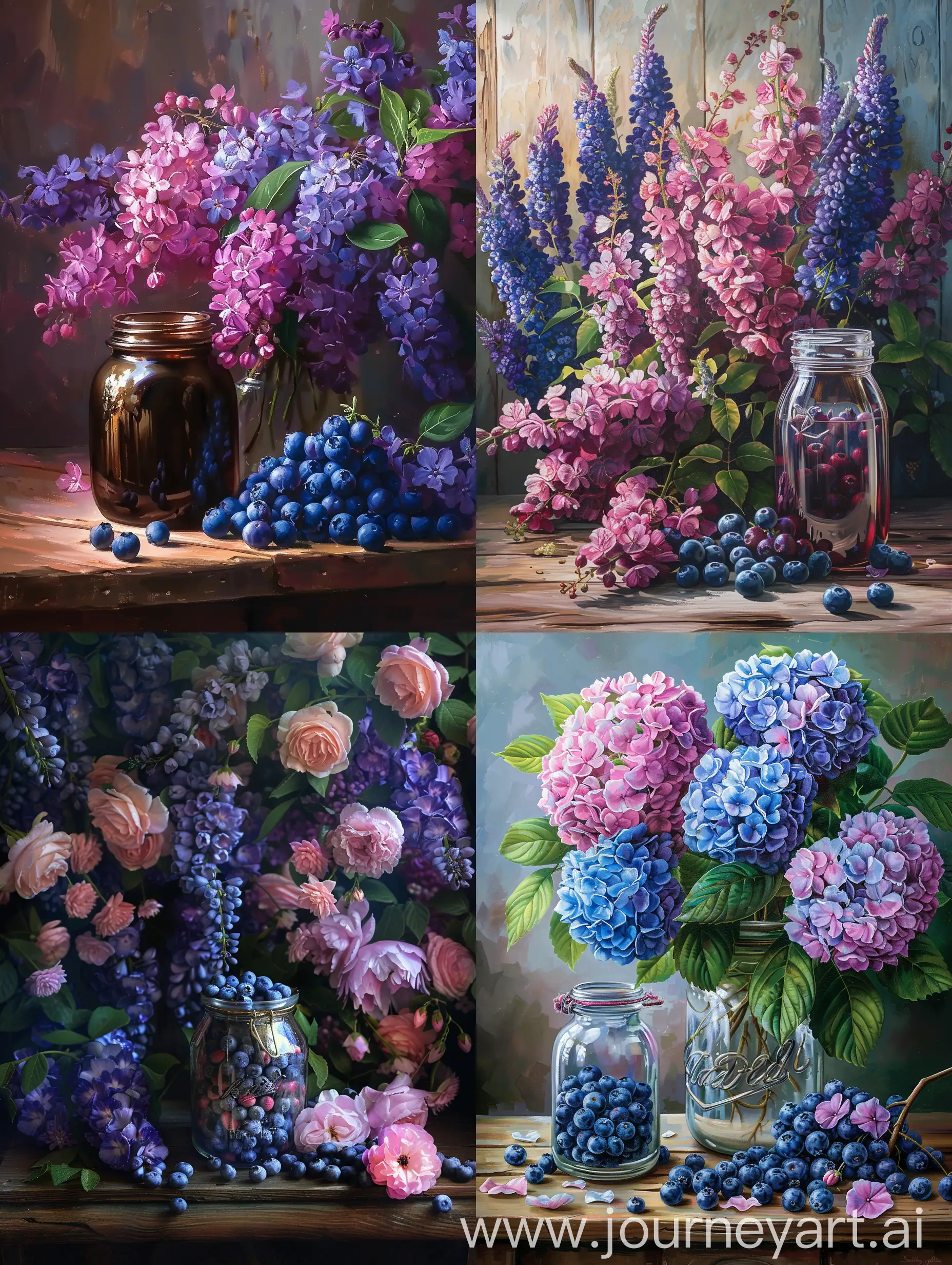 https://midjo.ru/new/uploads/img/b75dda5406/-13123123.png this jar stands on a wooden table, behind it there are many purple and pink flowers, There are blueberries next to the jar, image in photorealism --ar 3:4