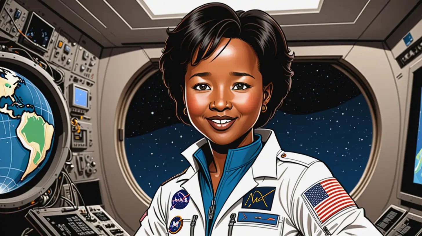 Cartoon Mae C Jemison in Outer Space Exploration