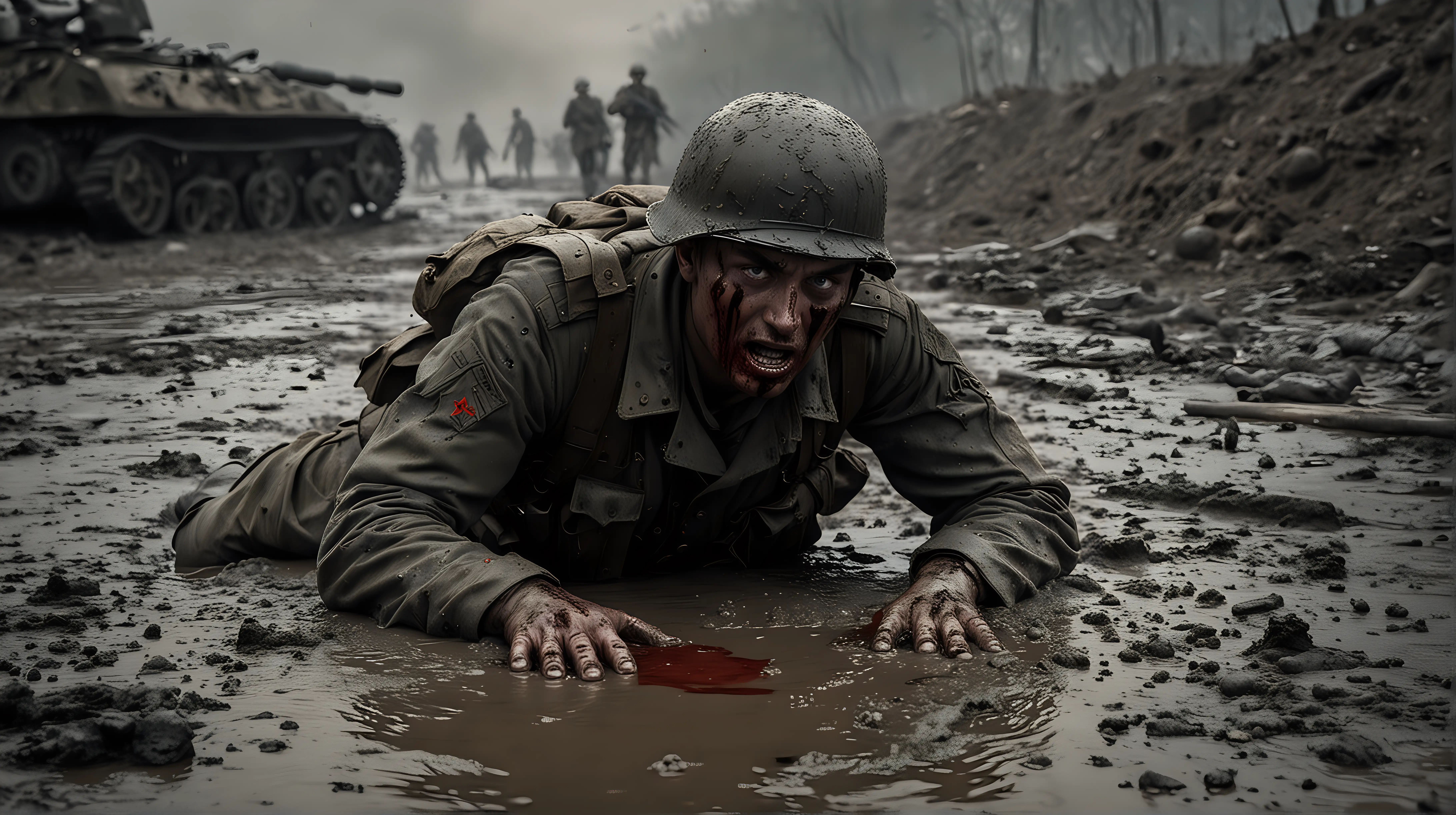 Generate a 4K hyperrealistic image depicting a soldier laying bloody in the mud water trying to crawl away from a tank that's position right behind him in World War I setttings as he writhing in pain as an enemy soldier stand behind him about to shoot him in the head. Ensure it's night time in a dark settings. Ensure the 3D rendering is highly detailed, showcasing the soldier's agonized expression and bloodied uniform.