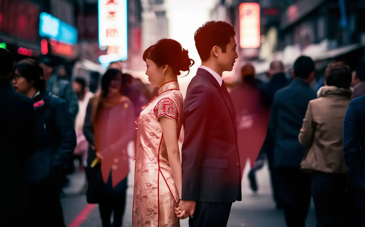 Chinese-Couple-Passing-Each-Other-in-a-Busy-City-Street