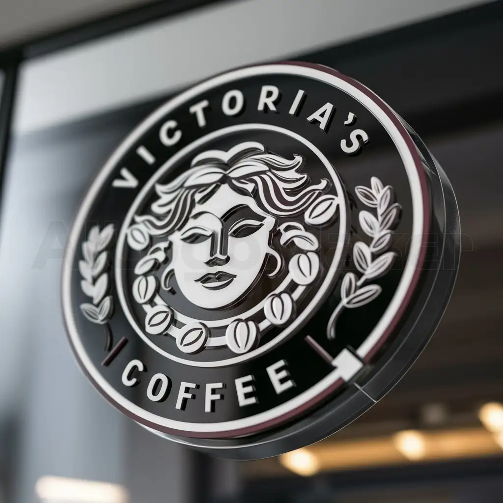 a logo design,with the text "VICTORIA'S COFFEE", main symbol:chapolera, colambia lady face that collect coffee beans, in circle, black and white and burgundy colours,.,complex,be used in 0 industry,clear background