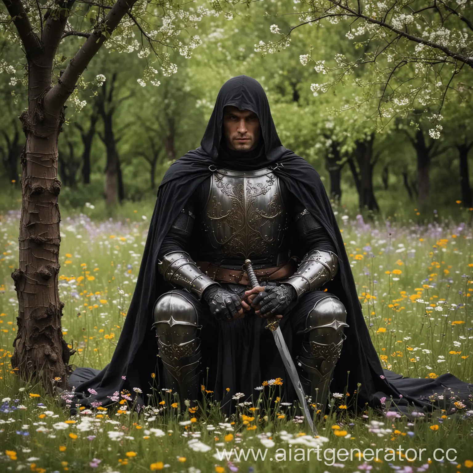 рыцарь в темных доспехах, выоский, мускулистый, с черным плащом сзади и мечом на поясе сидит на цветущей поляне среди деревьев и цветов.

