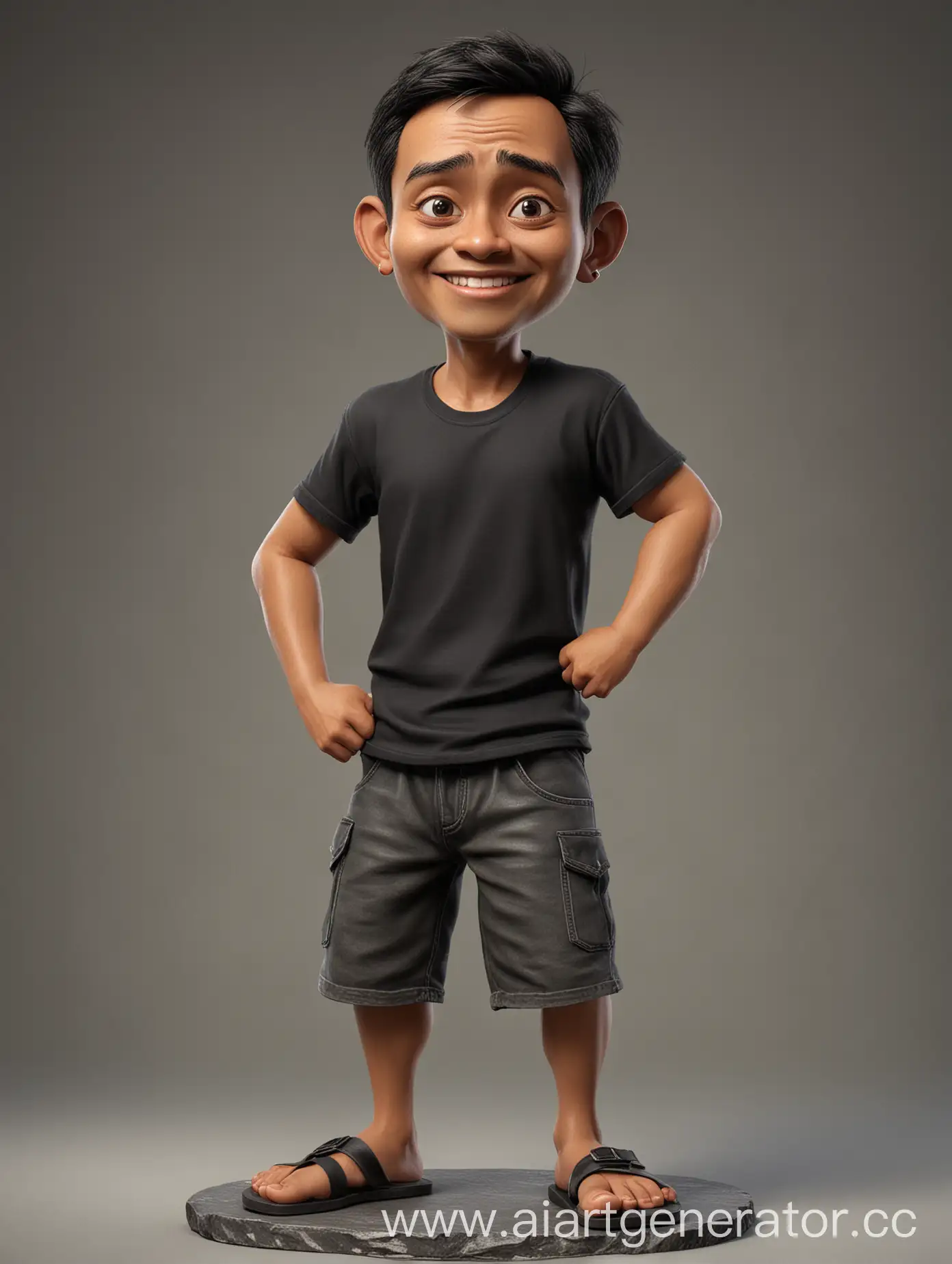 Realistic 4D Caricature of a Sundanese innocent guy,small eyes ,normal face, 15% body fat, 50 years old, wearing black t-shirt, sandals , standing up on a flat stone,dancing in the photo studio, solid gradients background