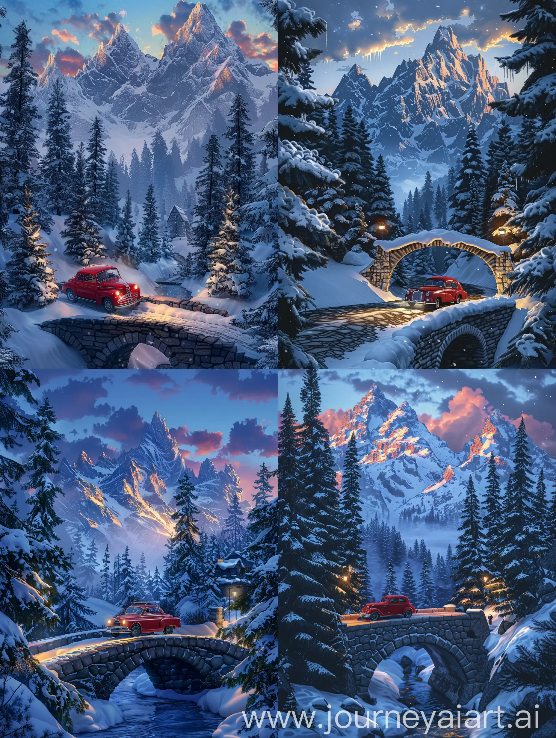 Vintage-Red-Car-Crossing-Snowy-Bridge-at-Dusk