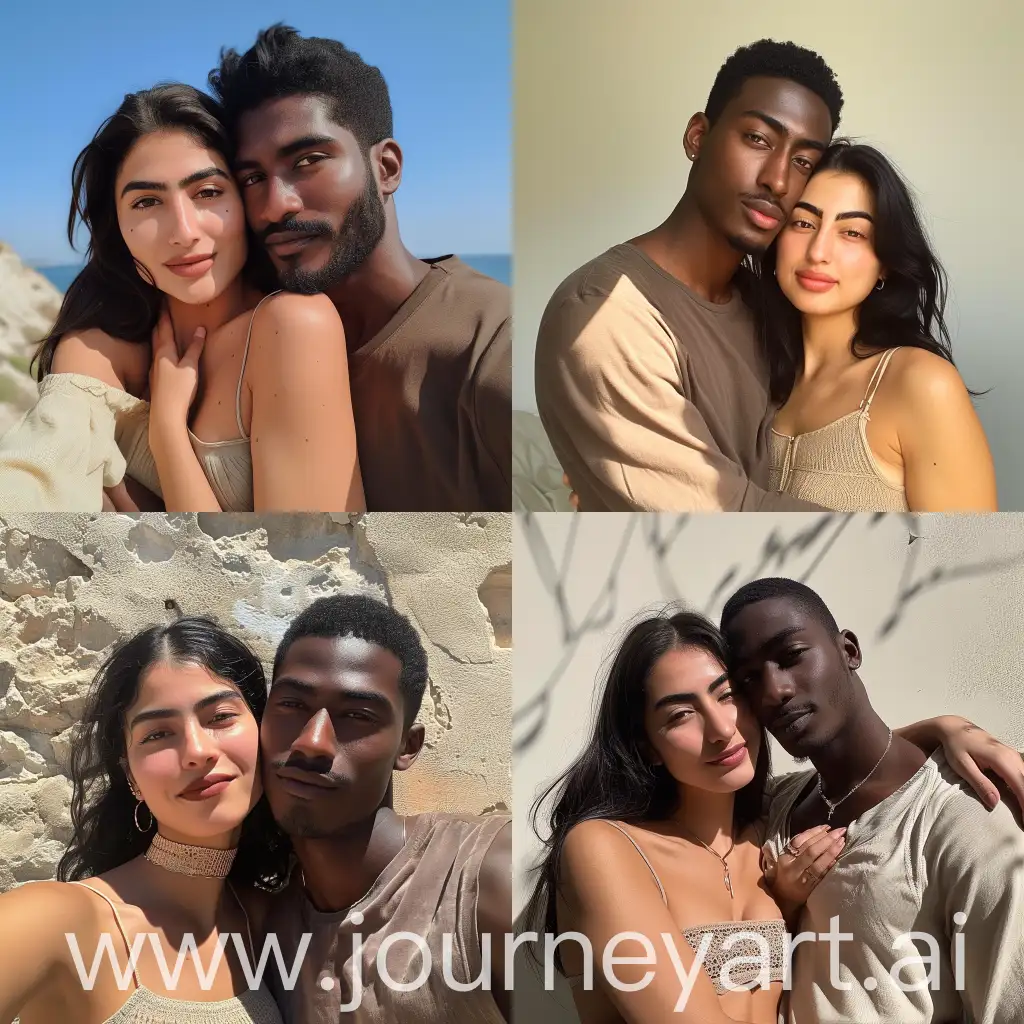  selfie of a couple featuring a persian woman in a crop-top in the embrace of her tall partner who is of african descent