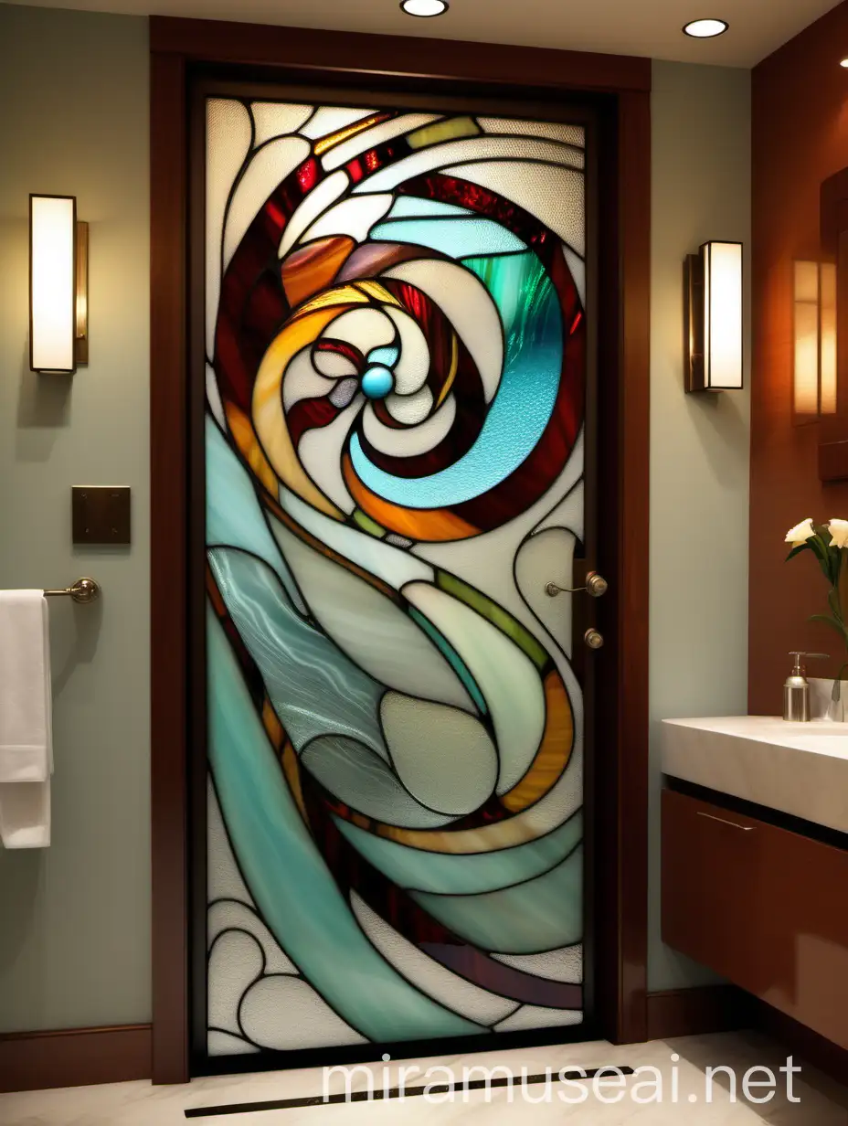 Витраж тиффани на двери в ванной абстракция с плавными линиями и завитками из разноцветного стекла