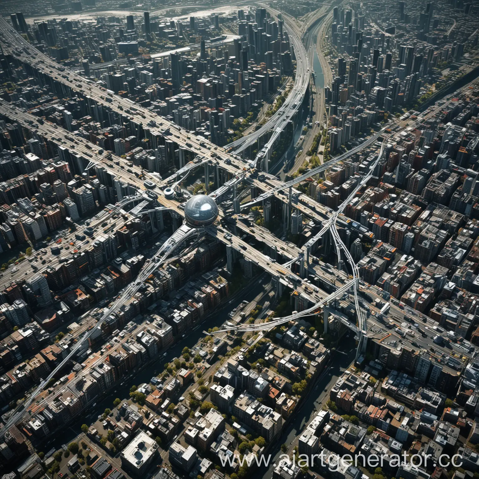 satellite view, techno planet sci fi, city metal buildings, near plane, two bridges , neon lines,