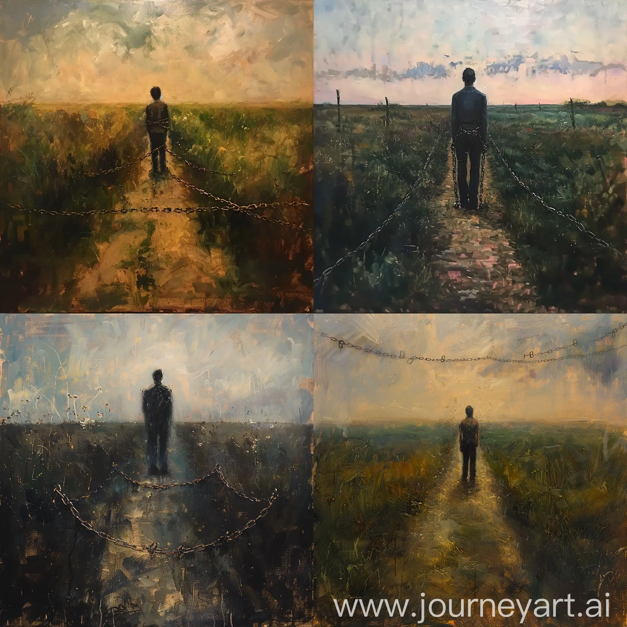 Solitary-Man-Bound-by-Chains-in-Melancholic-Field-Painting
