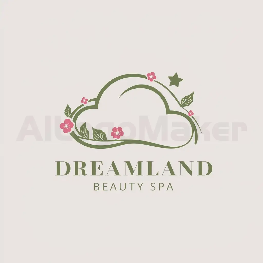 a logo design,with the text 'dreamland', main symbol:The logo is composed of two main elements: a stylized cloud shape and a star symbol.The cloud shape is formed by a curved line with a slight bend at one end, giving it a subtle sense of motion or movement. The line is thick and smooth, suggesting a soft and dreamy quality.Colors: The primary colors used are green and pink, giving a spring vibe.Additional Elements: Flower branches and leaves cling around the edge of the clouds.,Minimalistic,be used in Beauty Spa industry,clear background