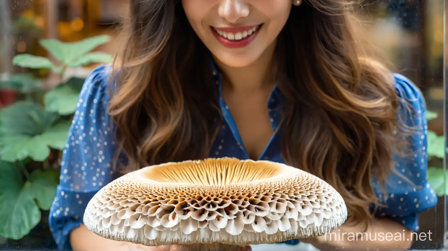 Stylish Young Woman Holding Mushroom near Shop Window