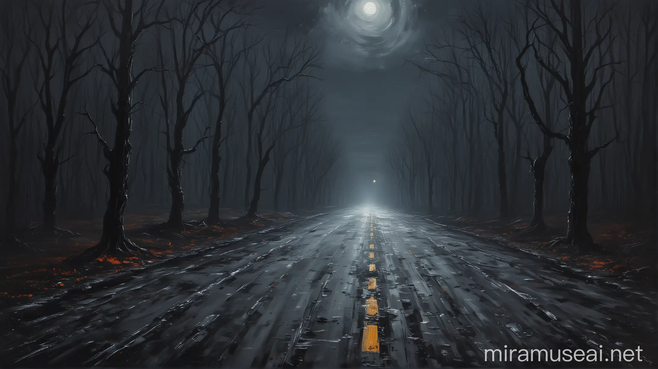 a horror empty road in night , made by oil paint