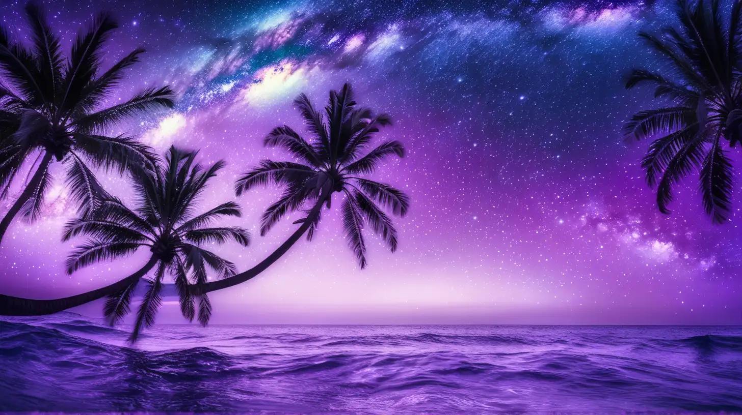 Purple Ocean with Palm Leaves and Galaxy Background