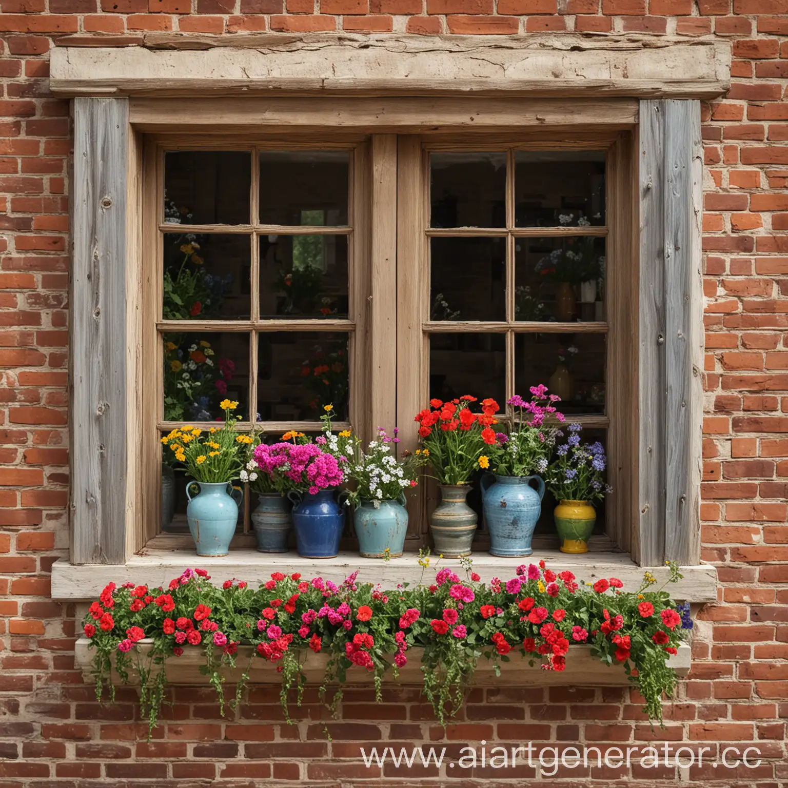 старинное окно с цветами вазами кирпичная стена