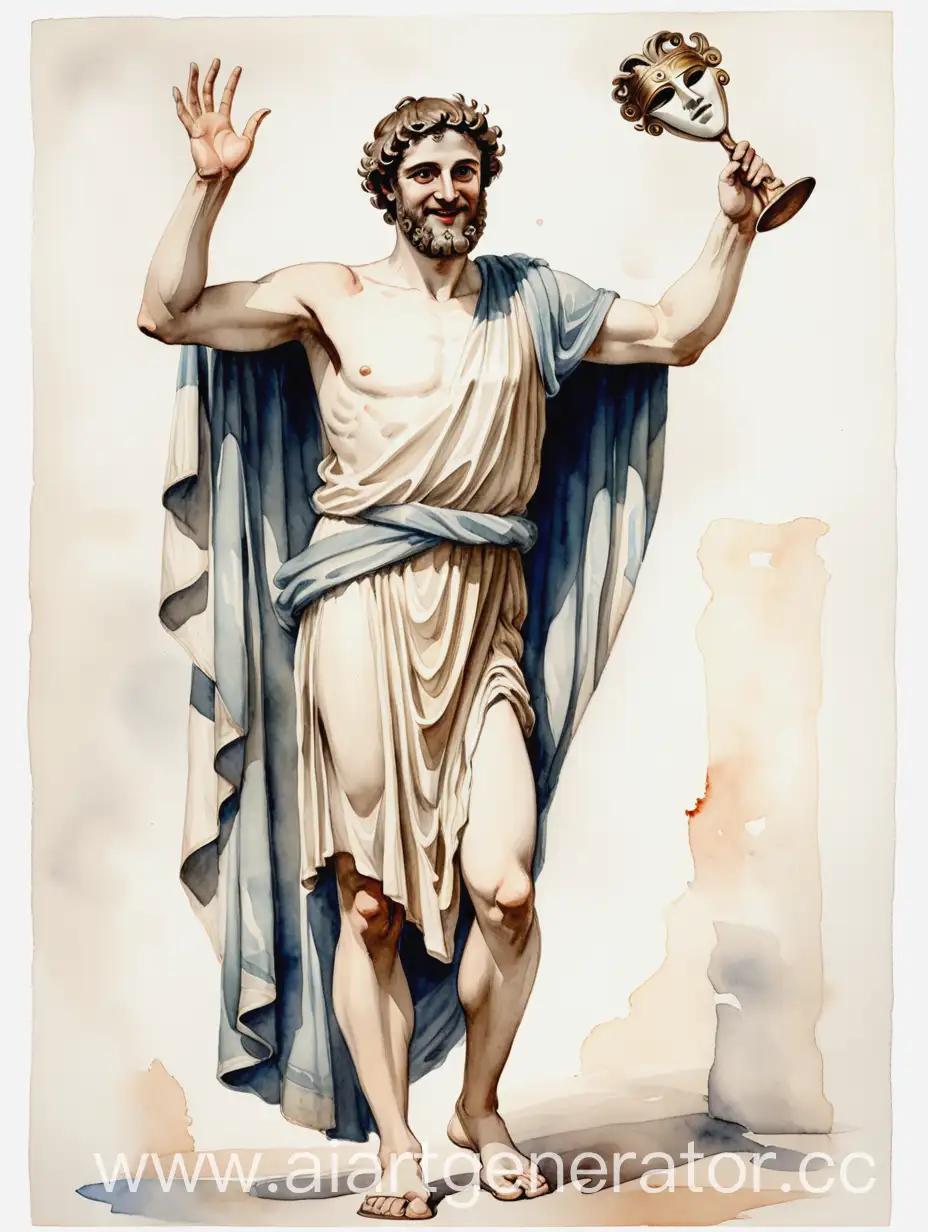 Ancient-Greek-Actor-Holding-Mask-of-Joy-in-Watercolor-Illustration