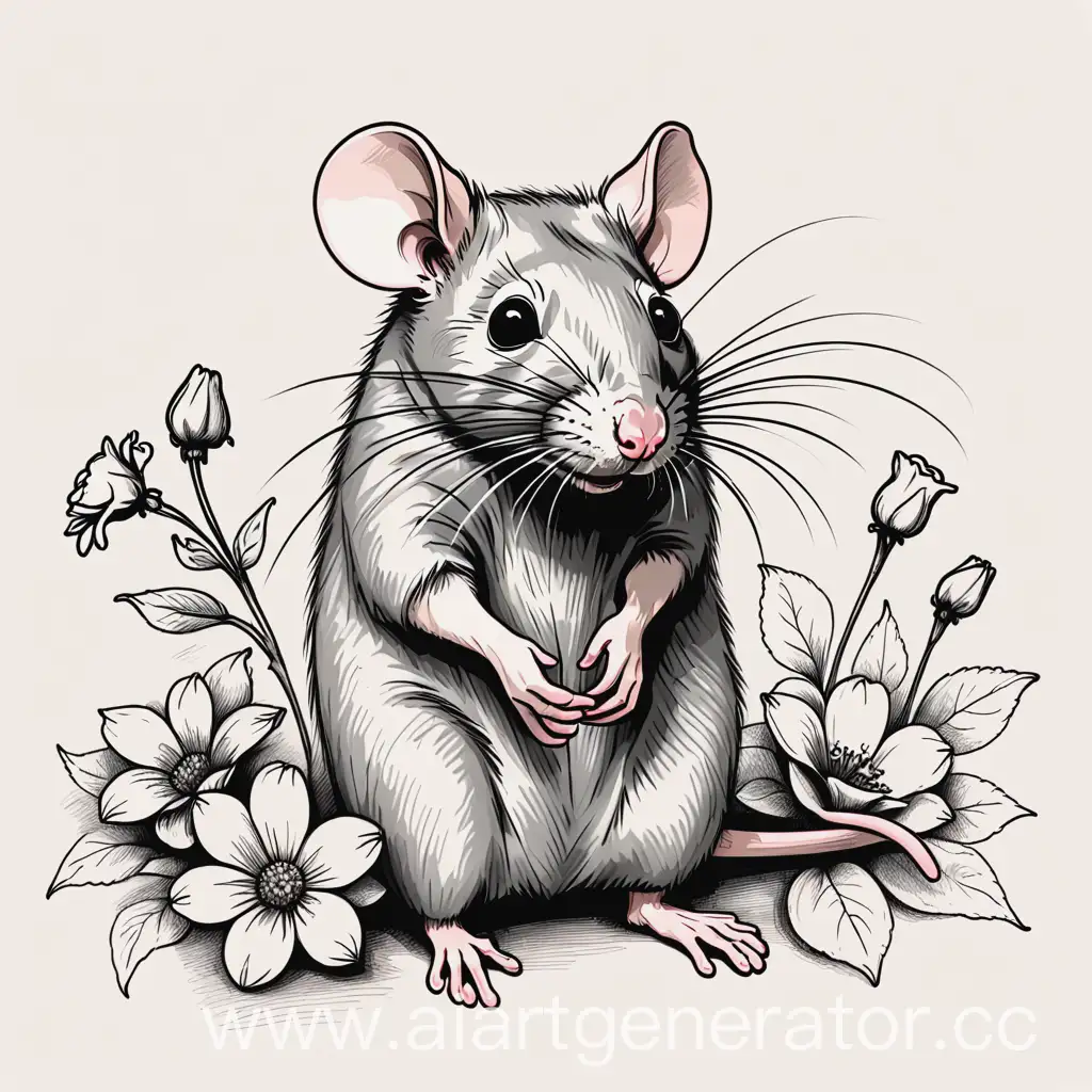 Эскиз крыса с цветами 