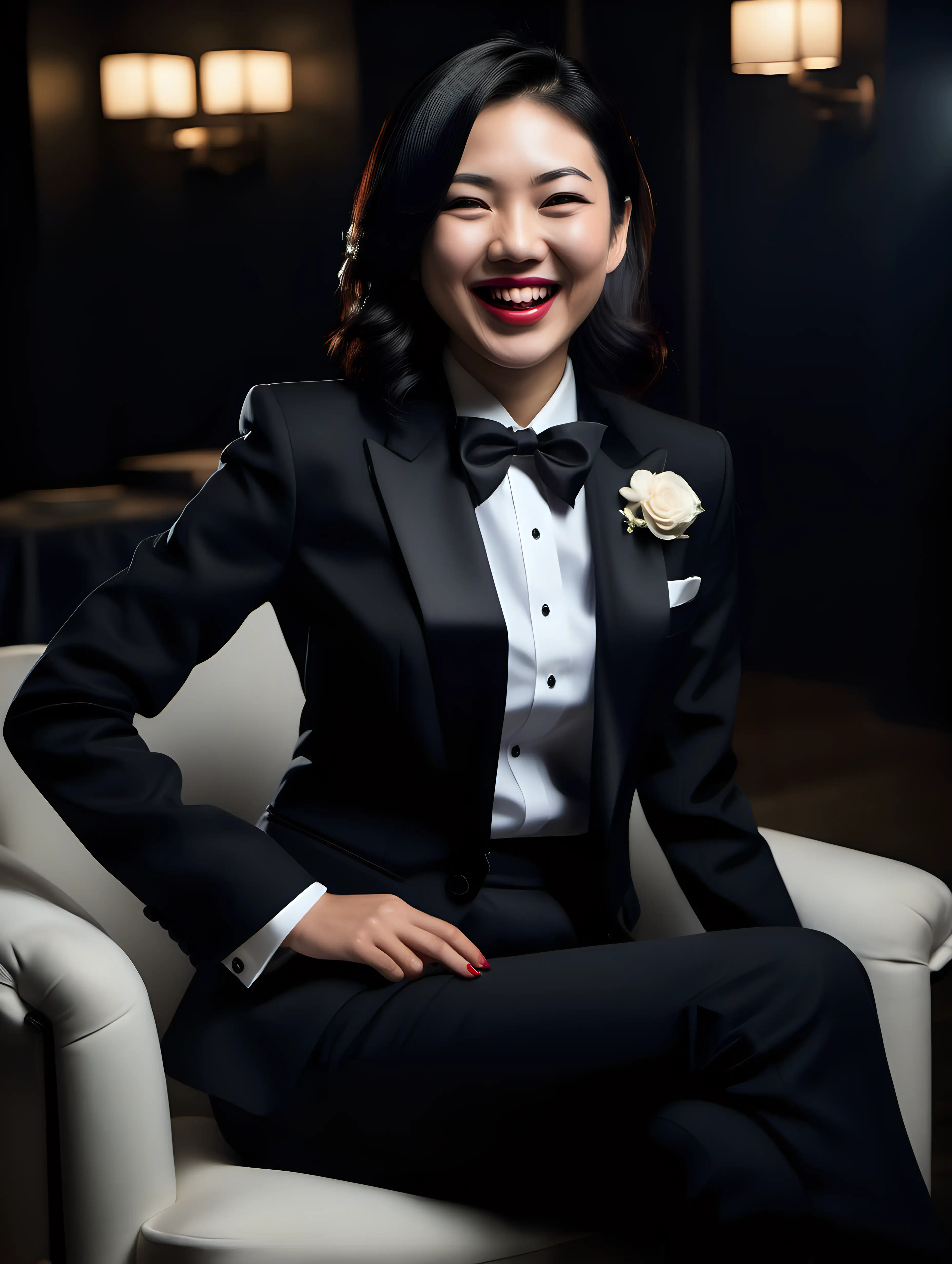 30 year old grinning and laughing japanese businesswoman with black shoulder length hair and lipstick wearing a tuxedo with a black bow tie and big black cufflinks and black pants. Her jacket has a corsage. Her jacket is open. She is sitting in a plush chair in a dark room.