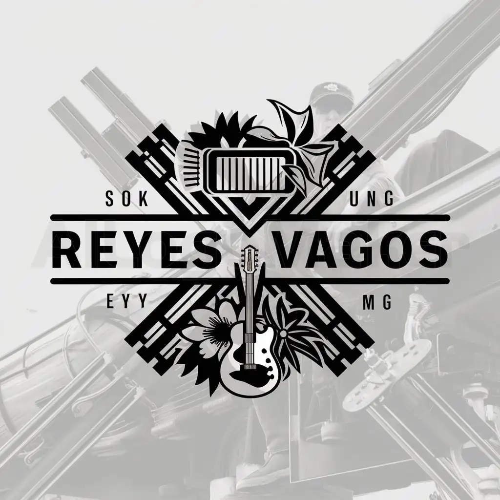 a logo design,with the text "REYES VAGOS", main symbol:vias del tren, armonica, flores exoticas guitarra,complex,be used in musica industry,clear background