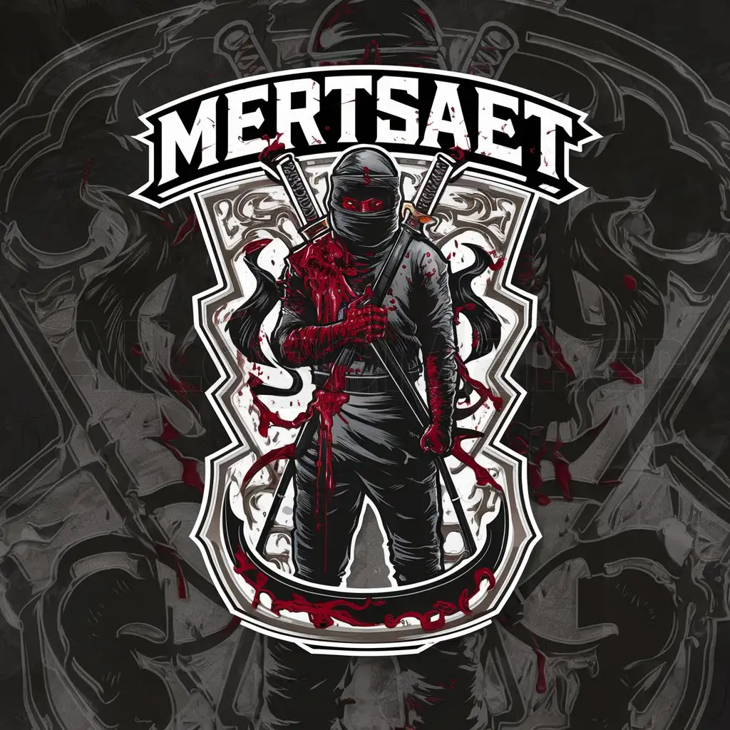 a logo design,with the text "Mertsaet", main symbol:bloody ninja,complex,clear background